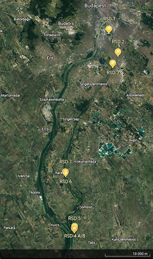 Fúráspontok a Ráckevei-Soroksári Duna-ágon (Google Earth) (Credit: Tombor Eszter)